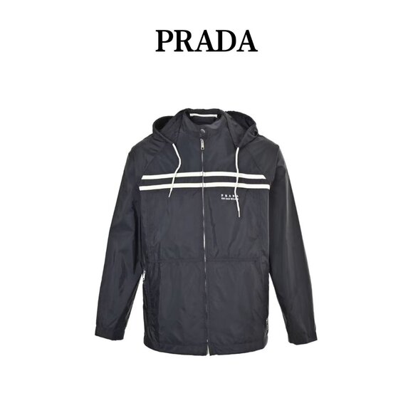 PRADA recycled nylon stand collar detachable hood loose jacket blue and white L - Picture 1 of 8